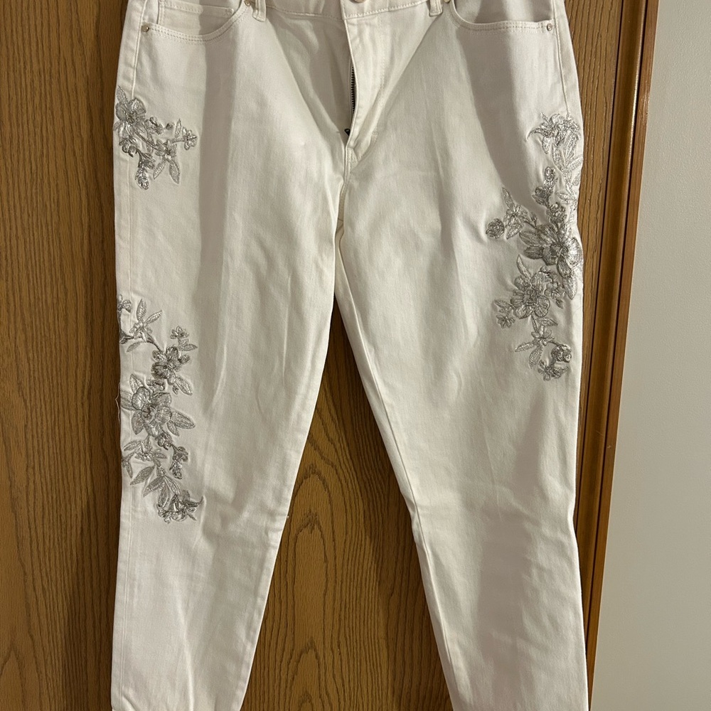 White House Black Market Embroidered White Jeans